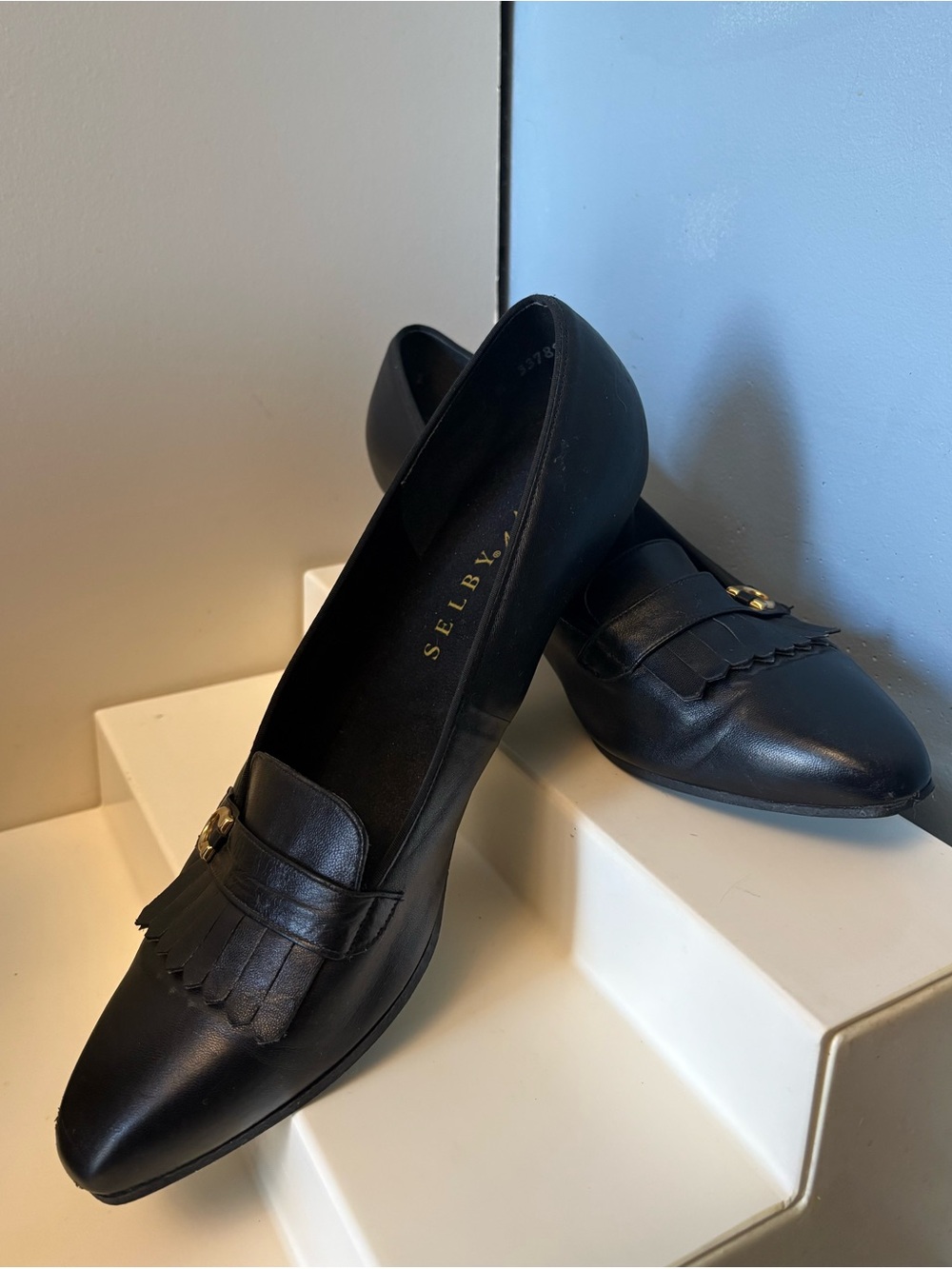 Selby Black Leather Kiltie Loafers with Gold Accent